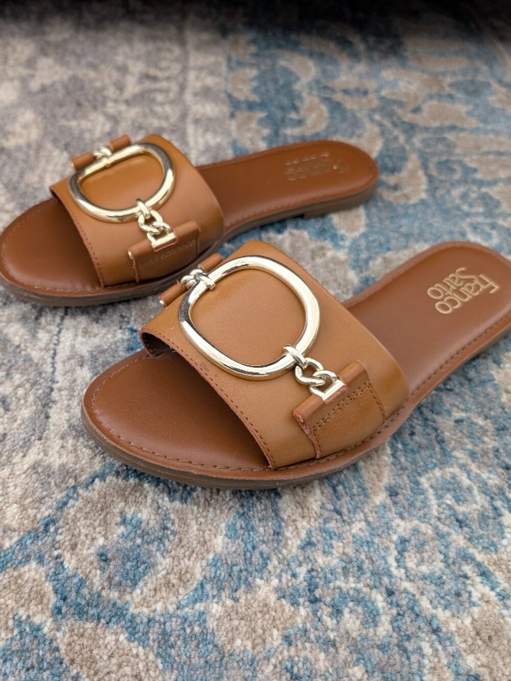 FRANCO SARTO Sandals Women's 7M Mandy Brown Cognac Flat Buckle Accent Slide On